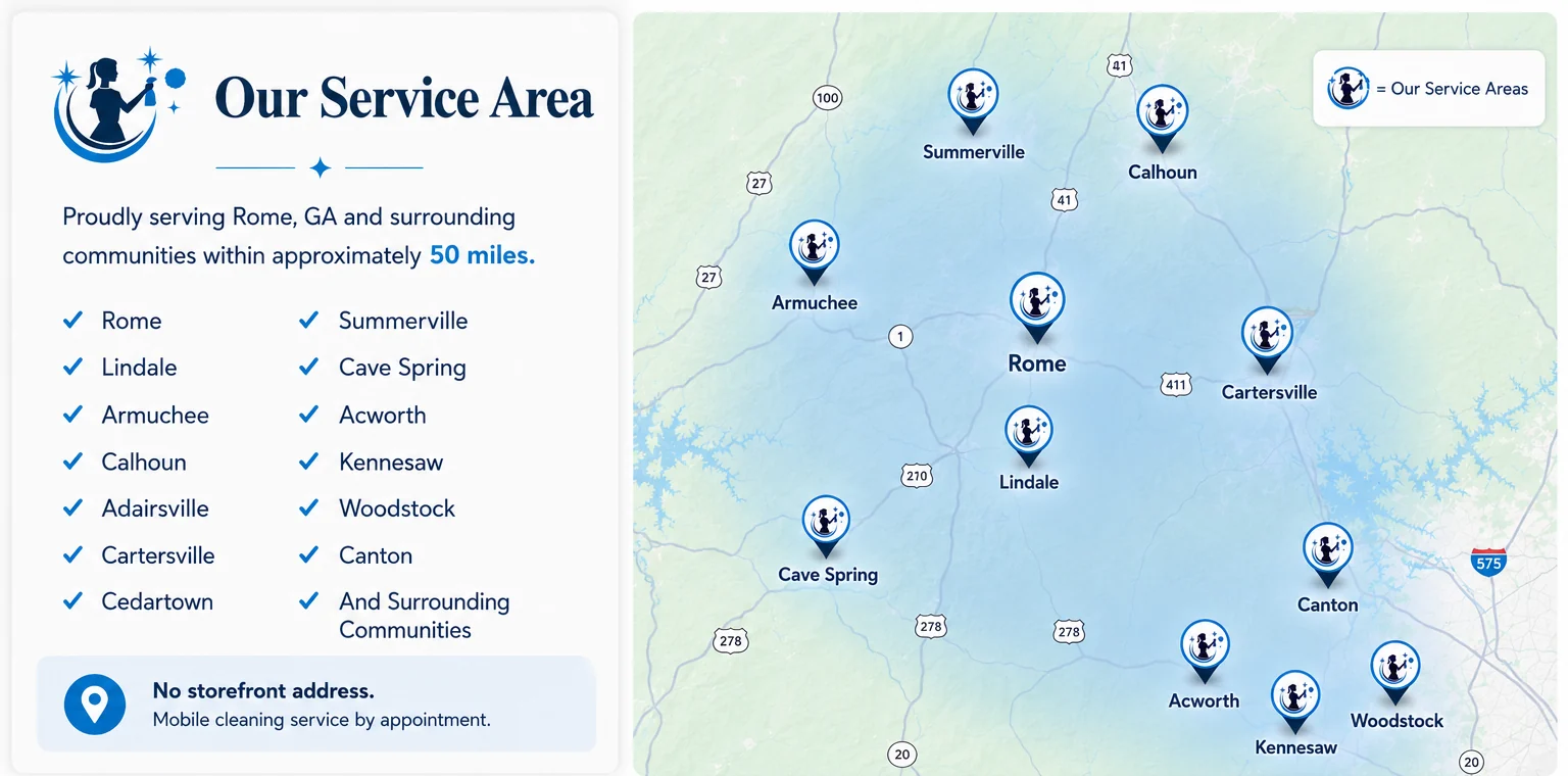 Maids of Rome service area map showing service coverage around Rome, Calhoun, Cartersville, Cedartown, Cave Spring, Armuchee, Lindale, Adairsville, Acworth, Kennesaw, Woodstock, Canton, and surrounding communities.